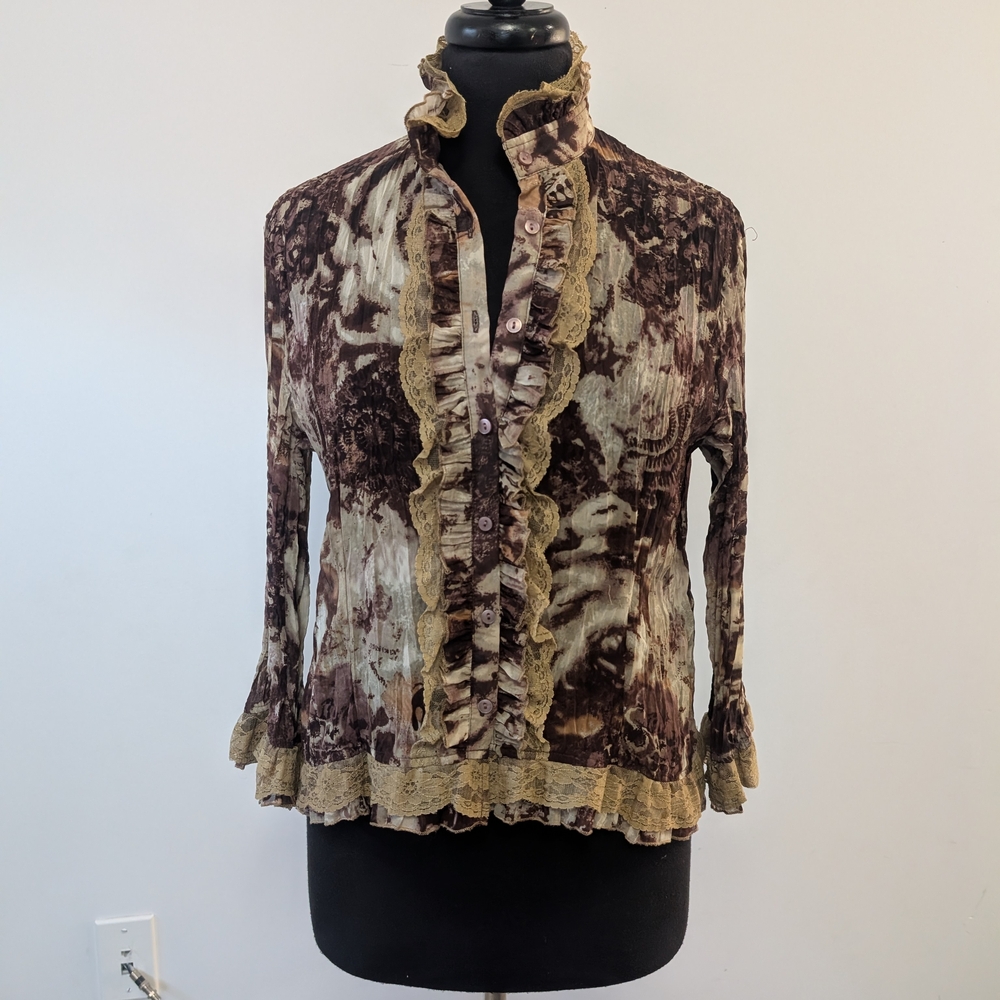 Chic Ruffled Women's Blouse in Brown and Cream